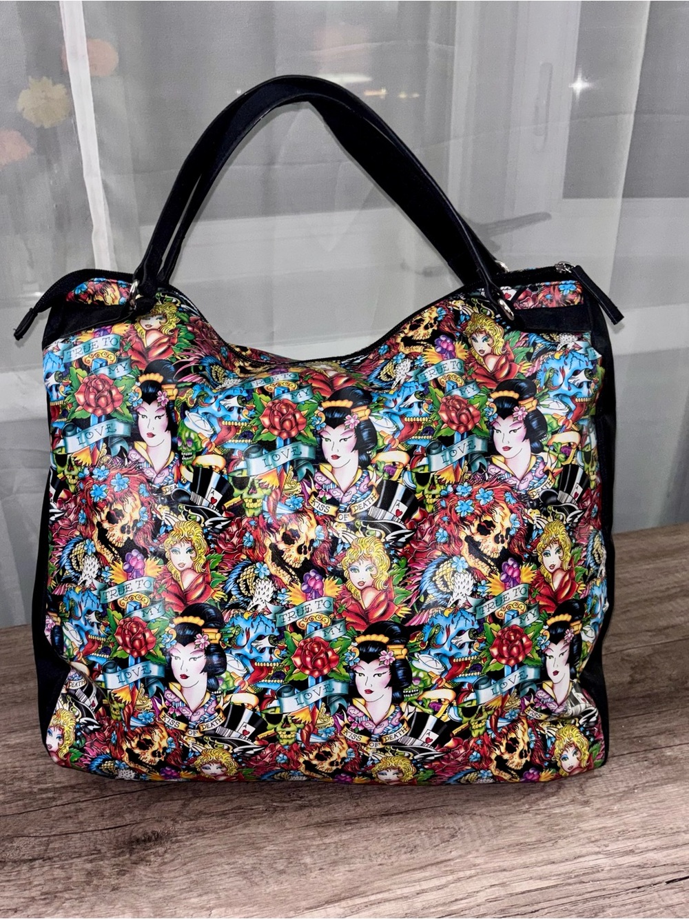 Vintage Ed Hardy Multicolor Tattoo-Print kiss of death geishas and skulls Tote